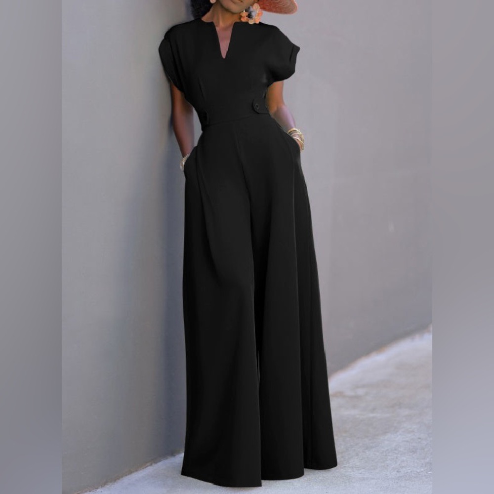 U0OZEE Cap Sleeve Wide Leg Solid Color Jumpsuit